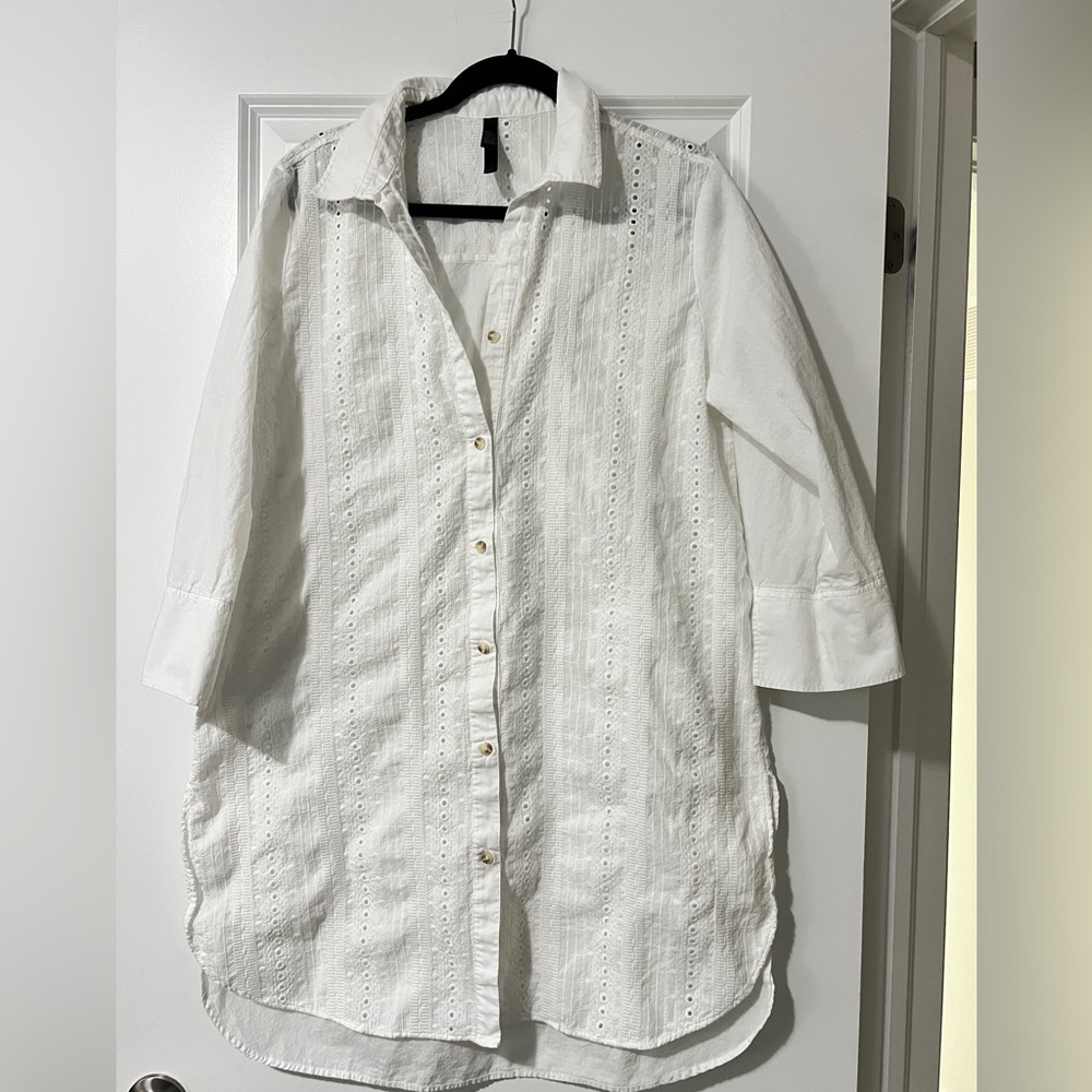 Turquoise Couture White Eyelet Cover-Up Shirt Bikini Village Size L